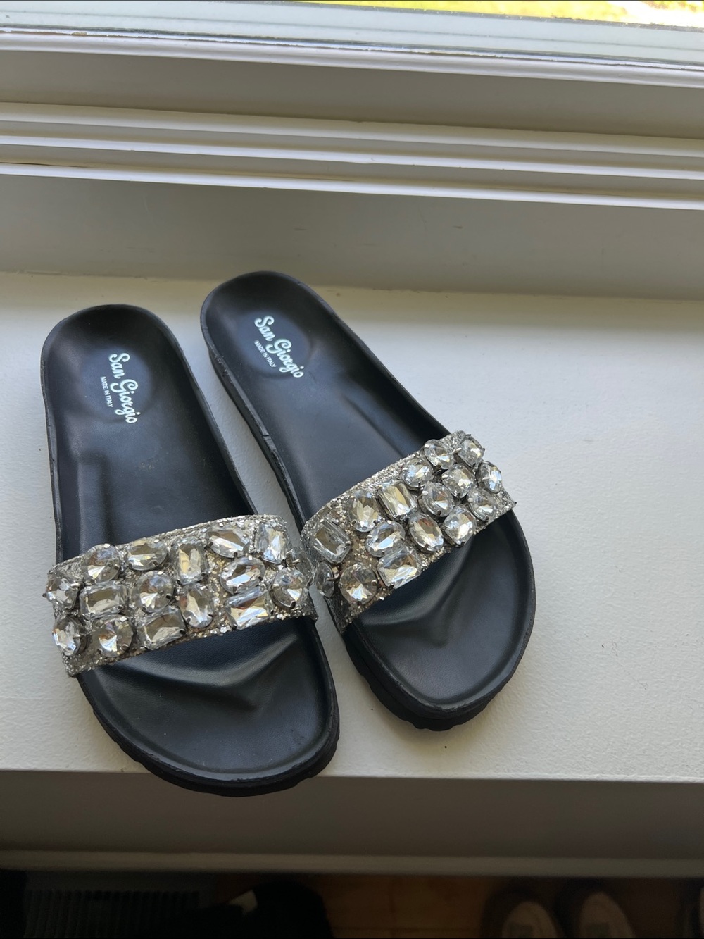 New SAN Giorgio Black Jeweled Slide Mules. Made in Italy